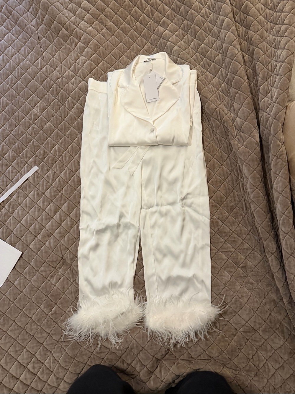 NADINE MERABI Ivory Feather-Trim Pajama Set